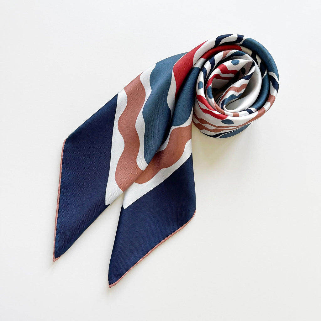Blue Wave Silk Scarf - 90cm Hand-rolled Women's Head Scarf