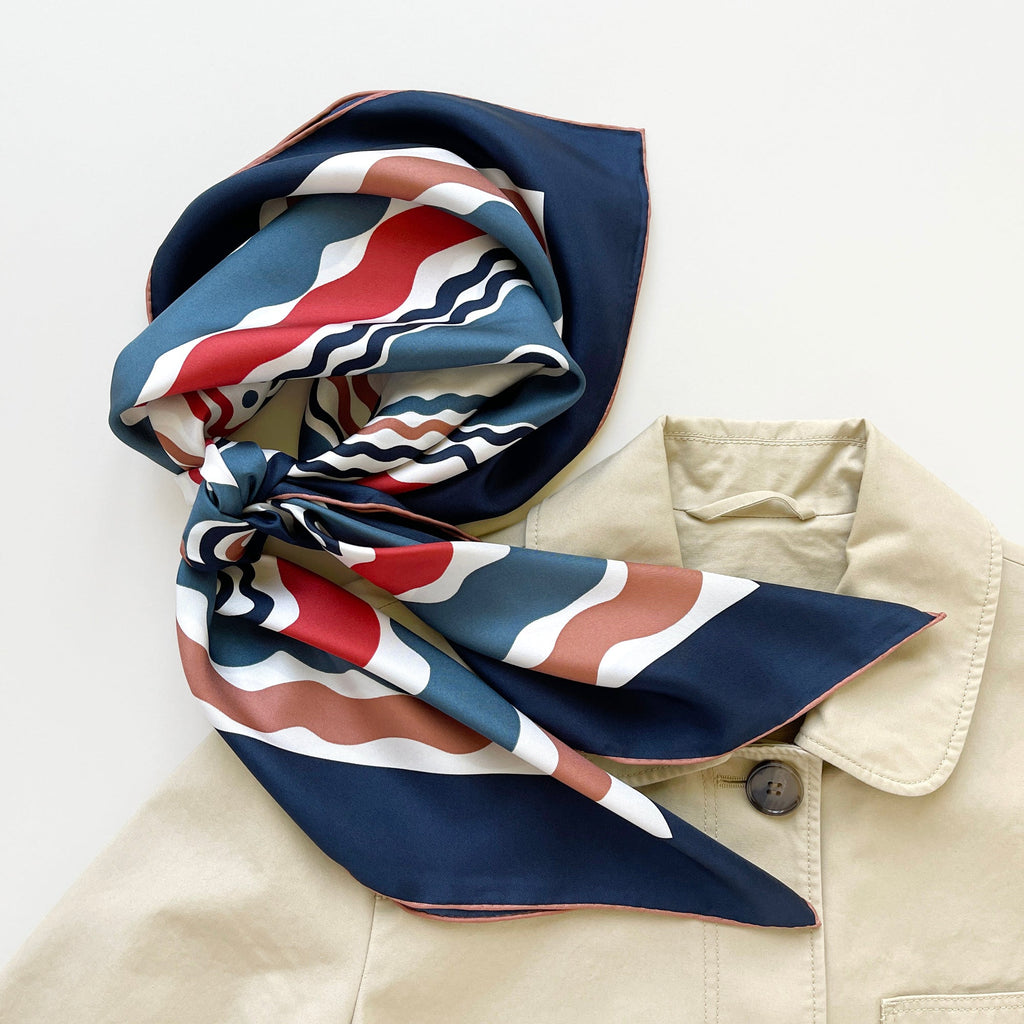 Blue Wave Silk Scarf - 90cm Hand-rolled Women's Head Scarf