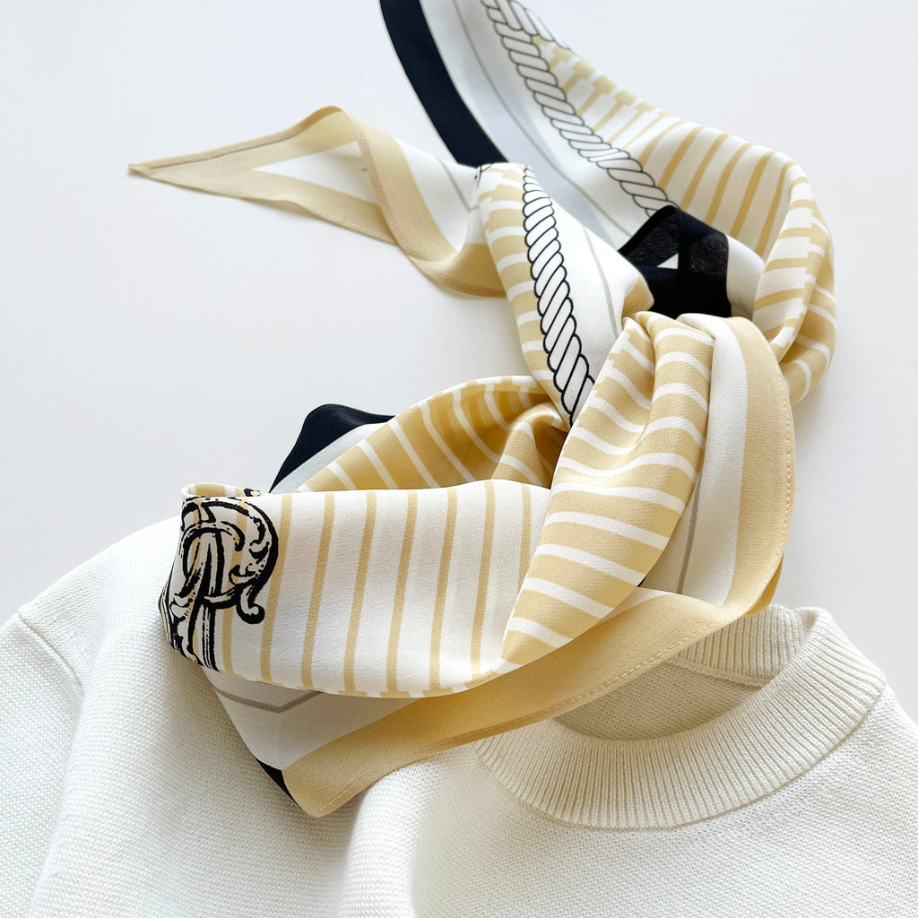 Stripe Monogram Grace Silk Scarf in 100% Silk Crepe de Chine