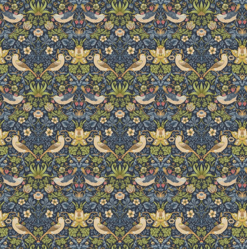 Olive green velvet drum lampshade, double sided lampshade, with navy strawberry thief cotton interior
