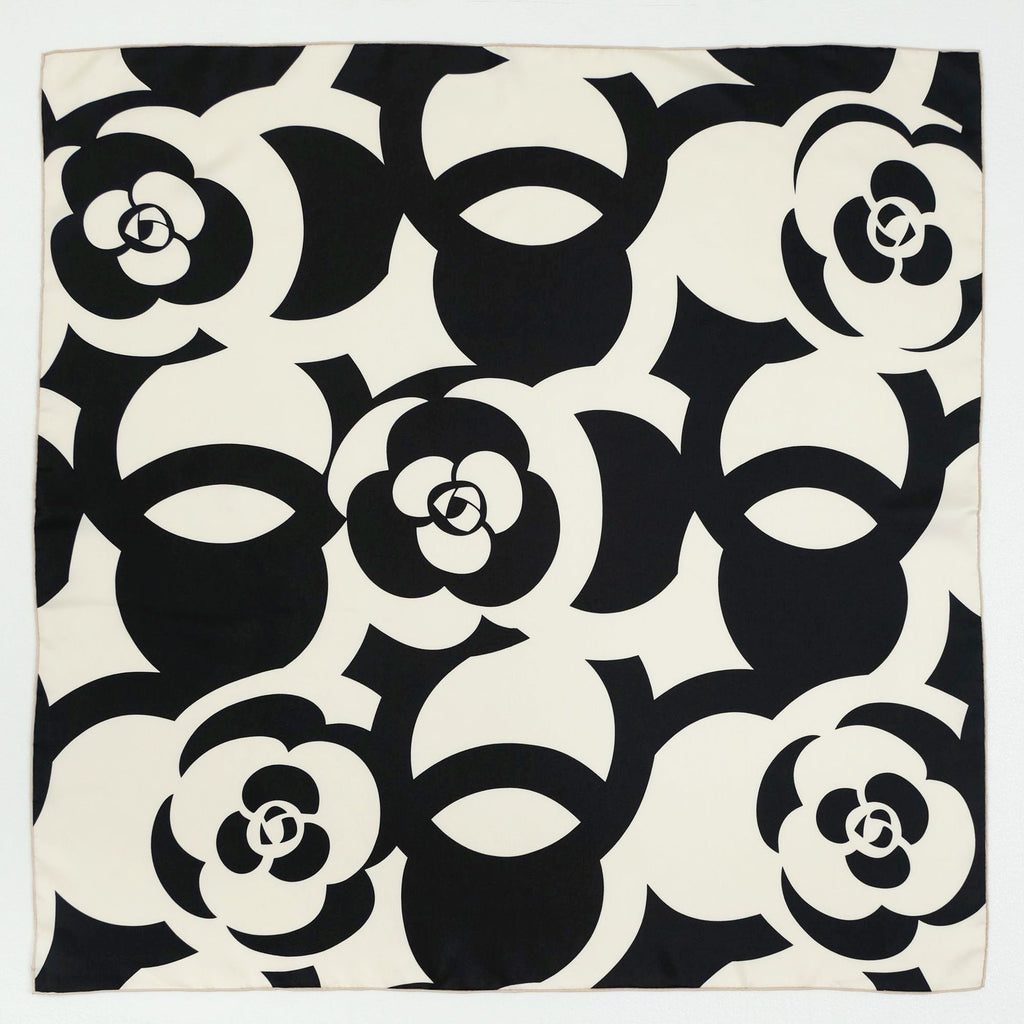 Black White Camellia Love Silk Scarf - 90cm Hand-rolled Women's Head Scarf