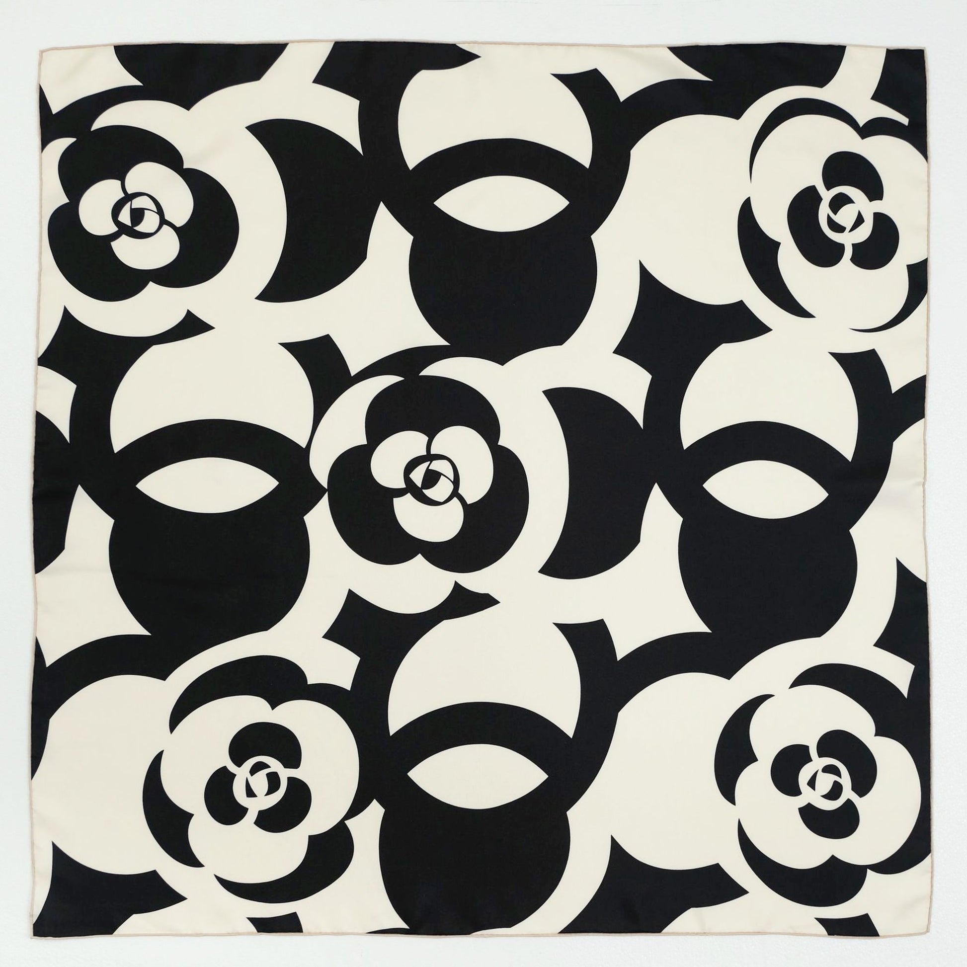 Black White Camellia Love Silk Scarf - 90cm Hand-rolled Women's Head Scarf