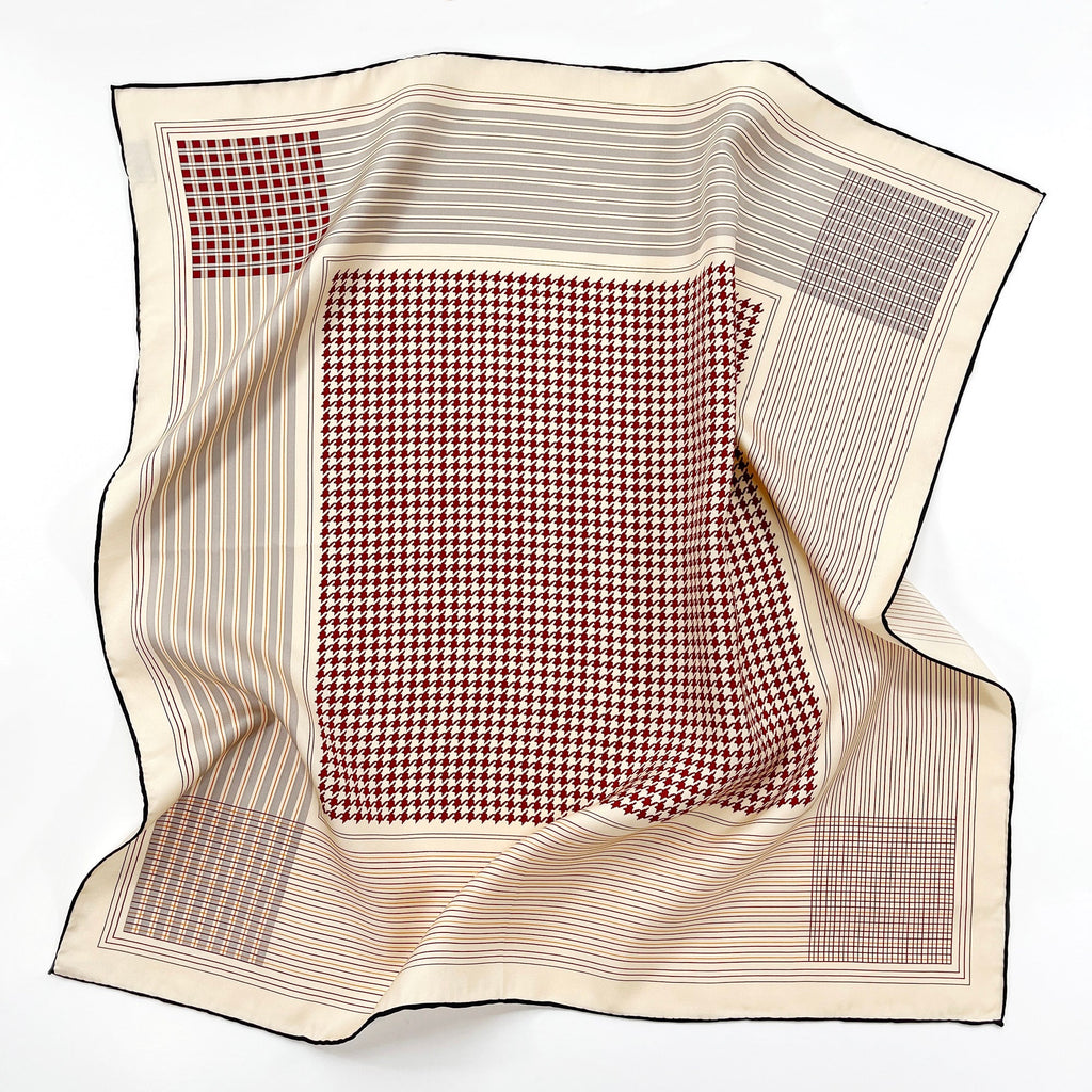 Classic Houndstooth Silk Square Scarf - 65cm Hand-rolled Bandana Scarf