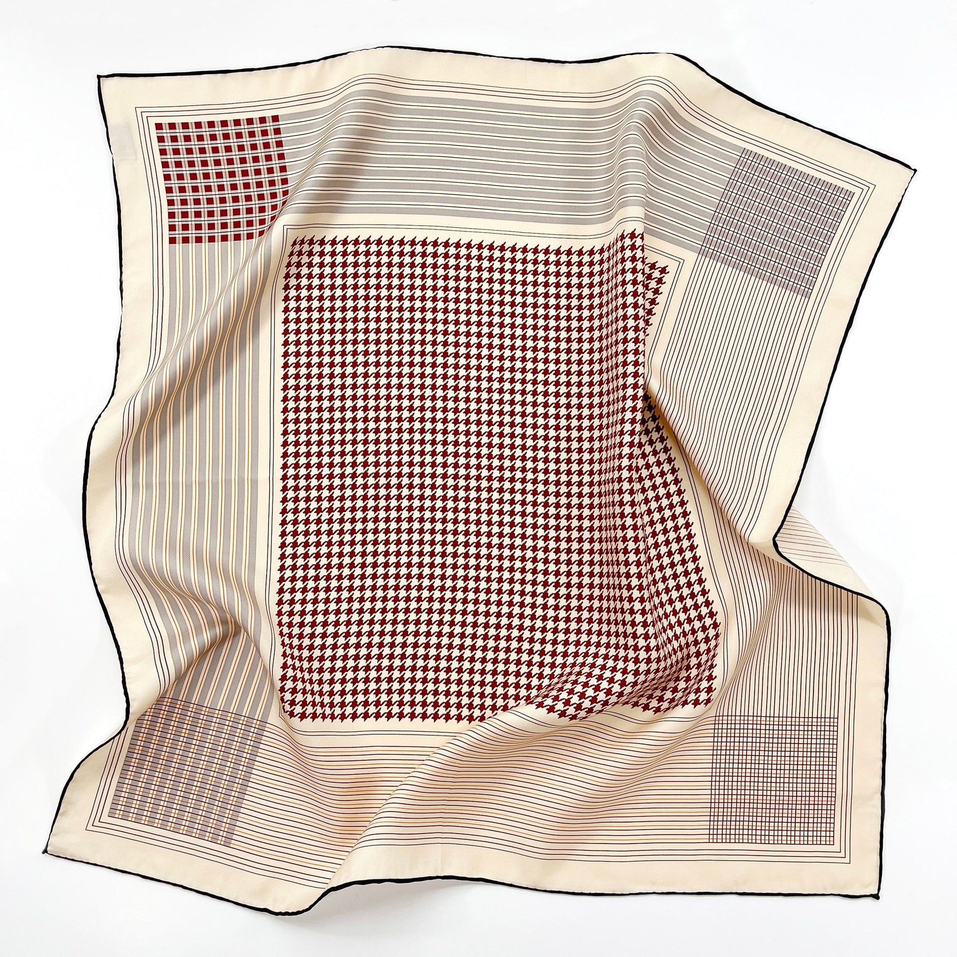 Classic Houndstooth Silk Square Scarf - 65cm Hand-rolled Bandana Scarf
