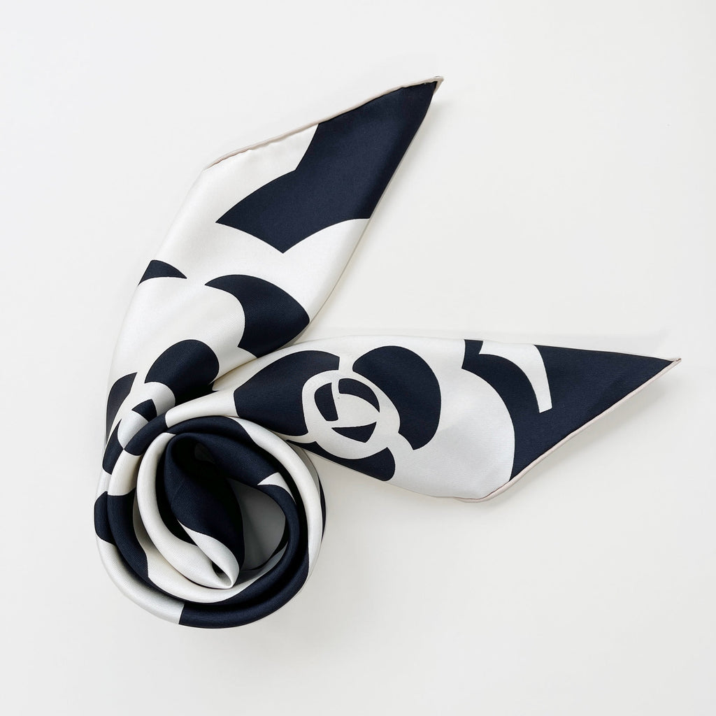 Black White Camellia Love Silk Scarf - 90cm Hand-rolled Women's Head Scarf