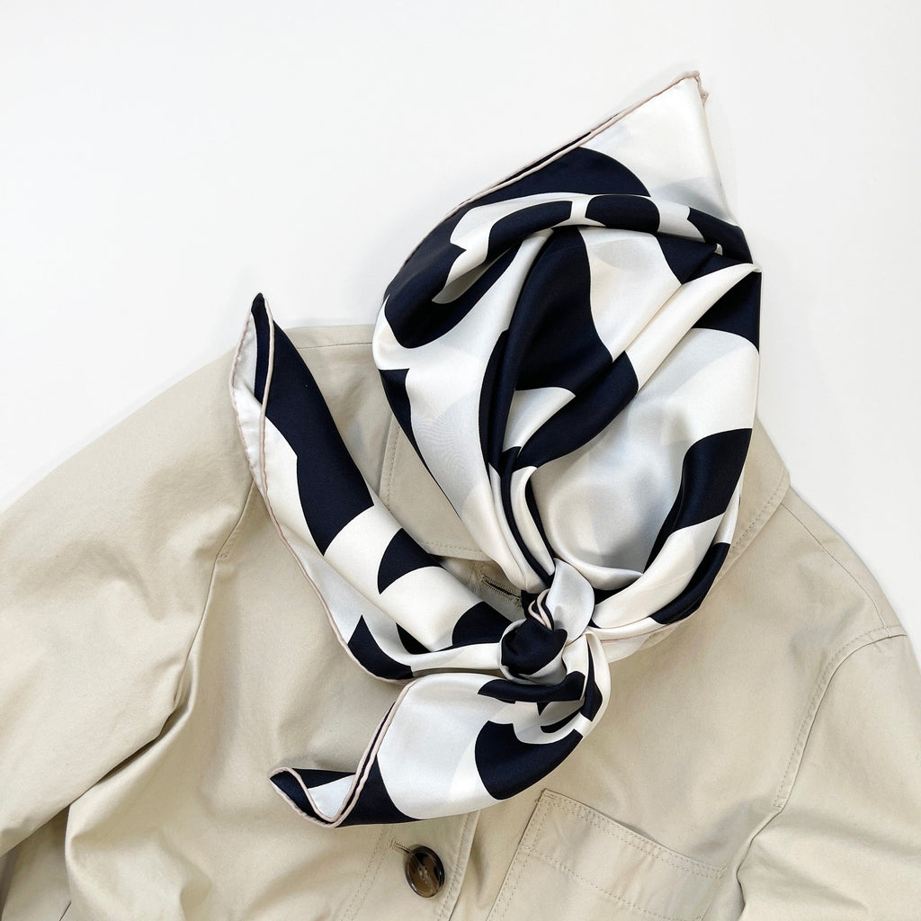 Black White Camellia Love Silk Scarf - 90cm Hand-rolled Women's Head Scarf