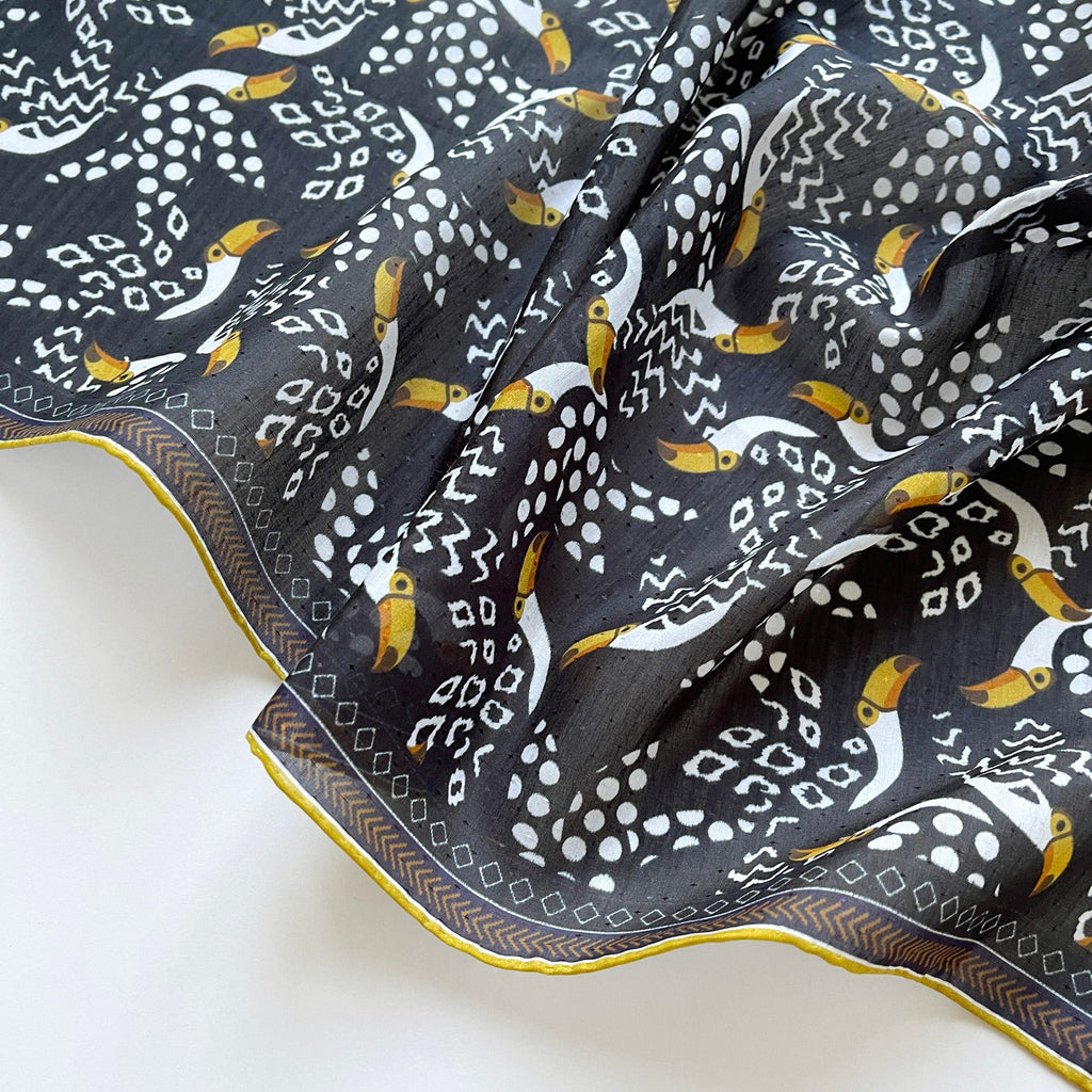 Amazon Toucan Organic Cotton-Silk Scarf - 65cm Hand-Rolled Unisex Square Bandana