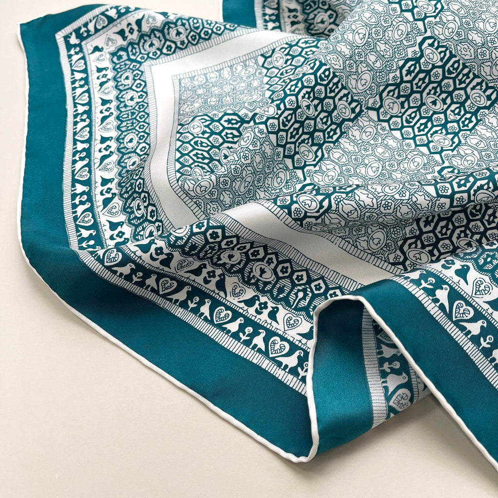Heritage Grace Silk Scarf 90cm Hand Rolled Turquoise