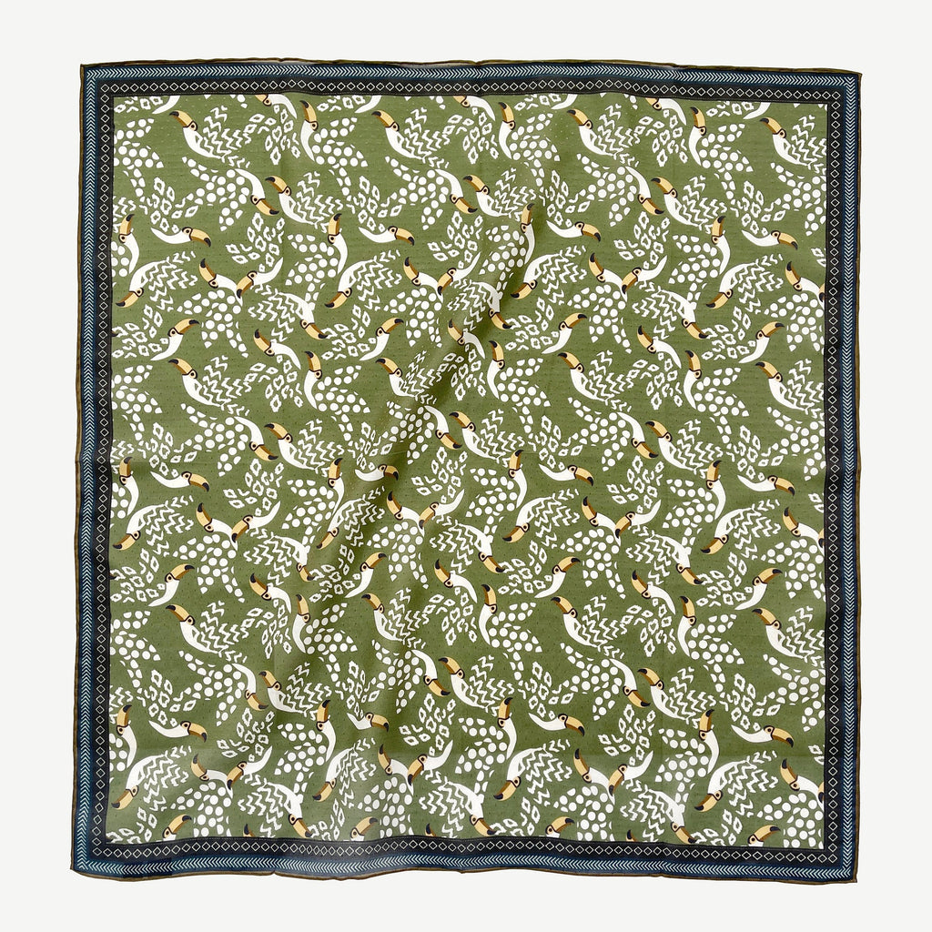Amazon Toucan Organic Cotton-Silk Scarf - 65cm Hand-Rolled Unisex Square Bandana