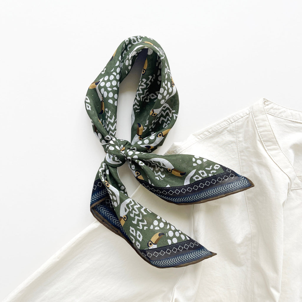 Amazon Toucan Organic Cotton-Silk Scarf - 65cm Hand-Rolled Unisex Square Bandana