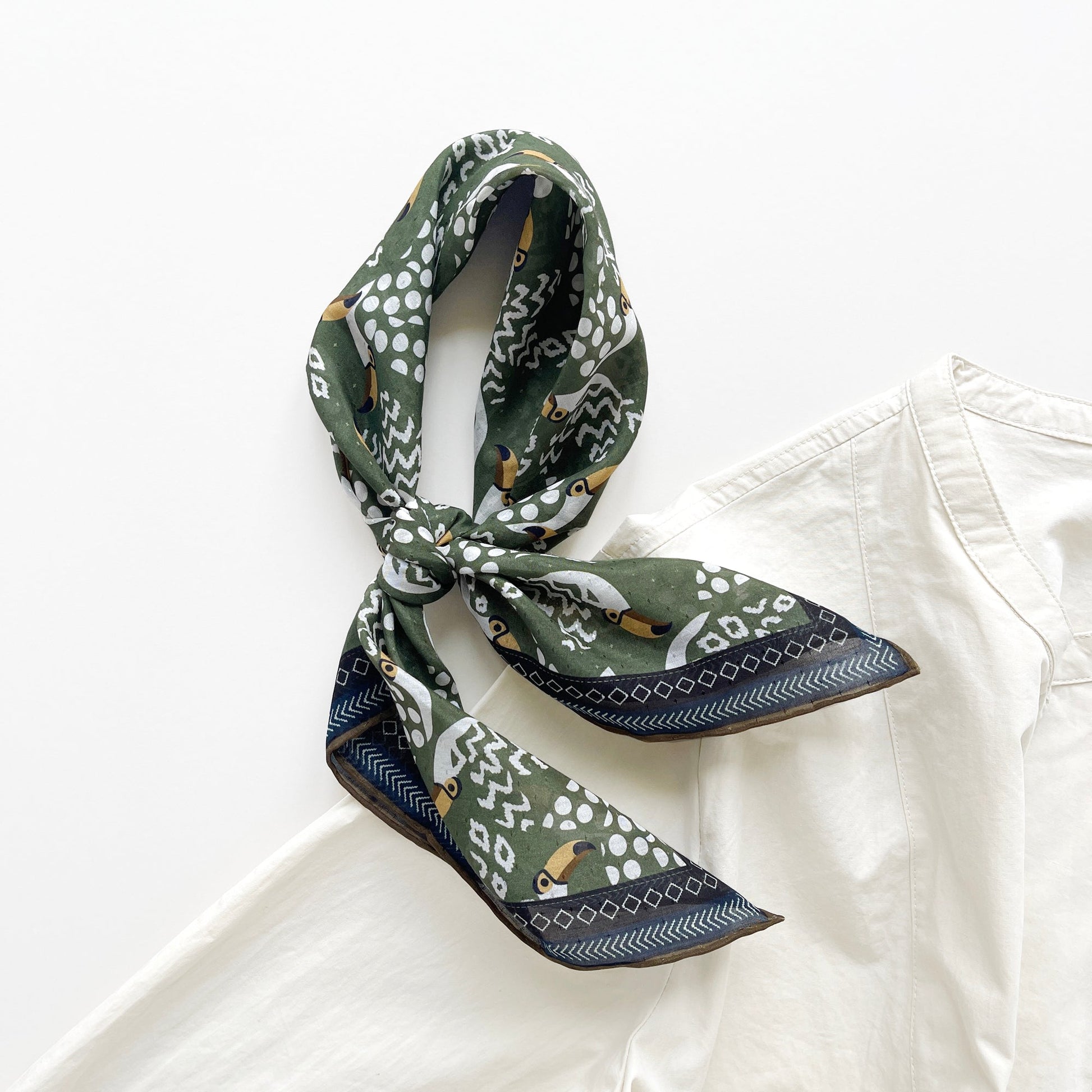 Amazon Toucan Organic Cotton-Silk Scarf - 65cm Hand-Rolled Unisex Square Bandana