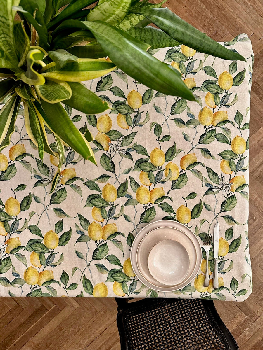 Lemon Linen Tablecloth – European Cotton & Linen Blend by Hortensias Home at www.brixbailey.com