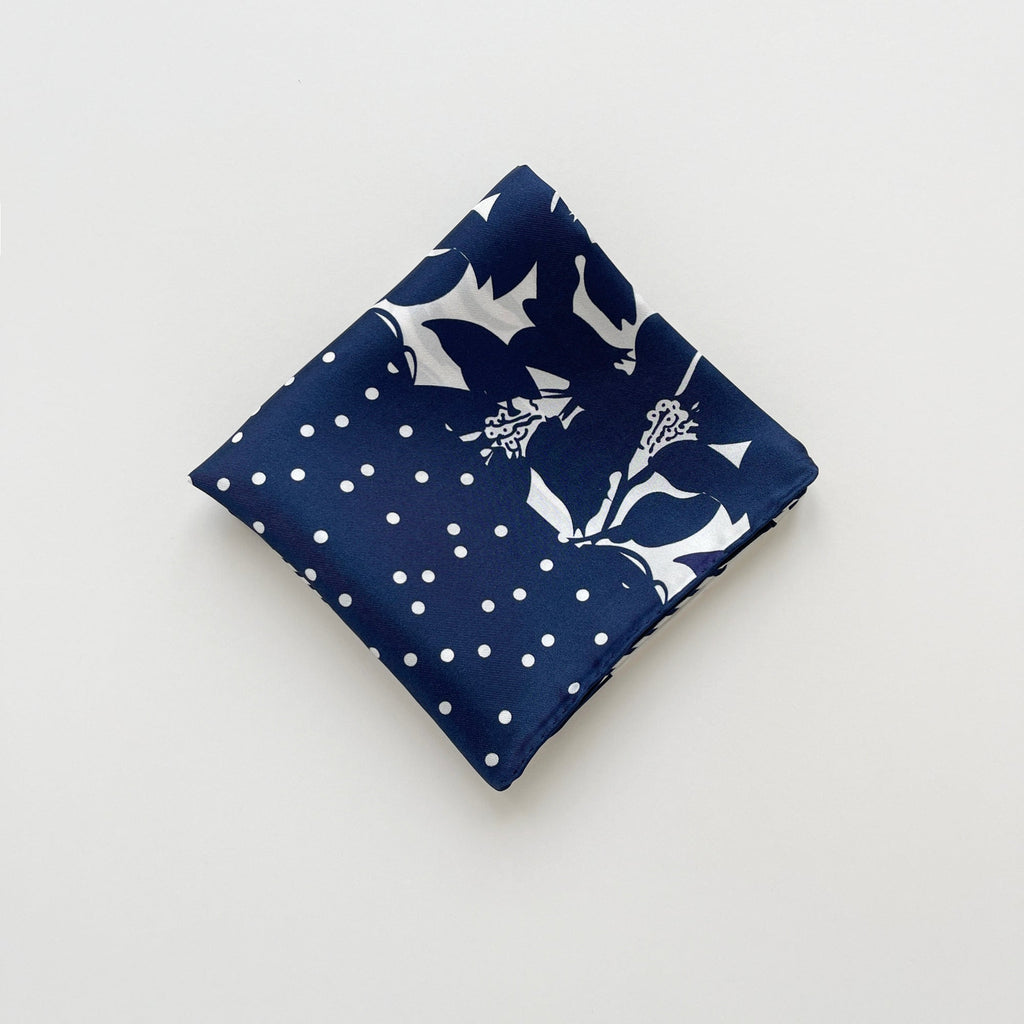 Navy Floral & Dots Silk Scarf Bandana – 65cm for Women