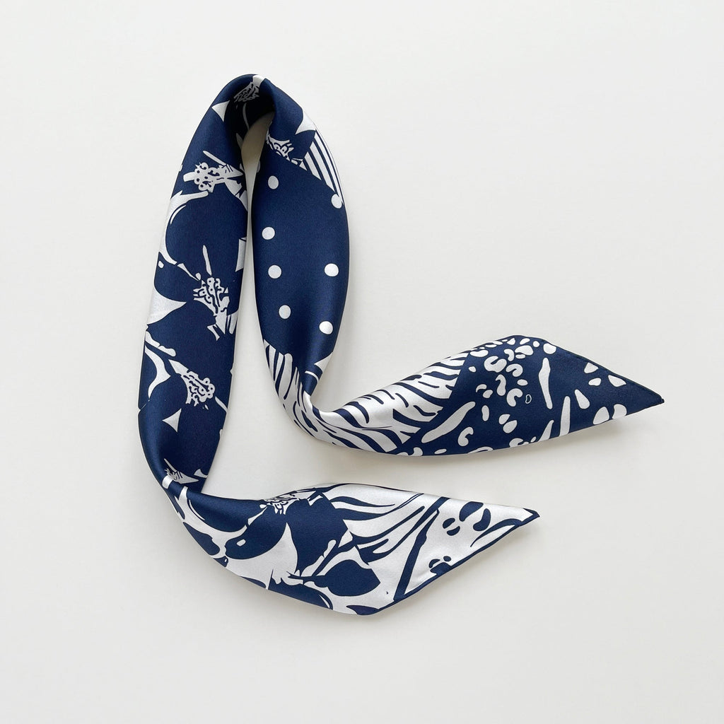 Navy Floral & Dots Silk Scarf Bandana – 65cm for Women