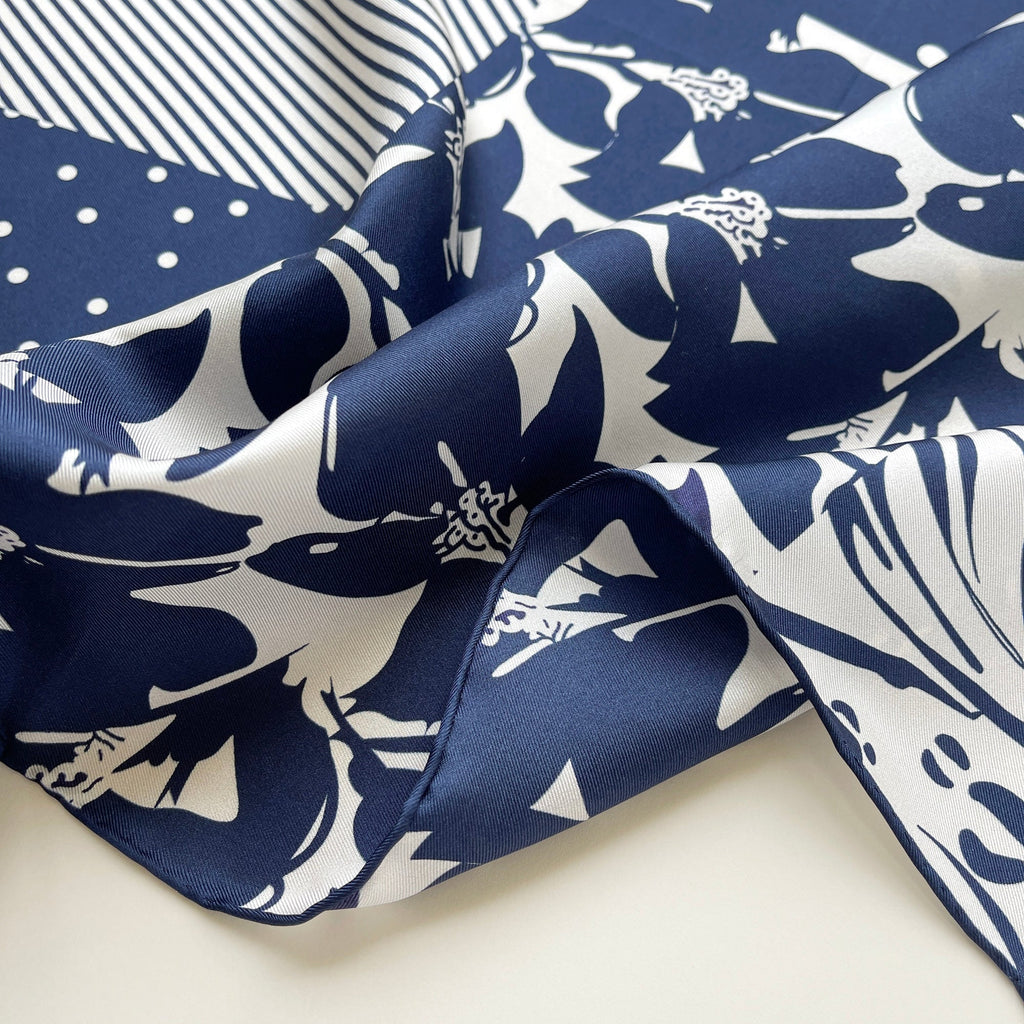 Navy Floral & Dots Silk Scarf Bandana – 65cm for Women