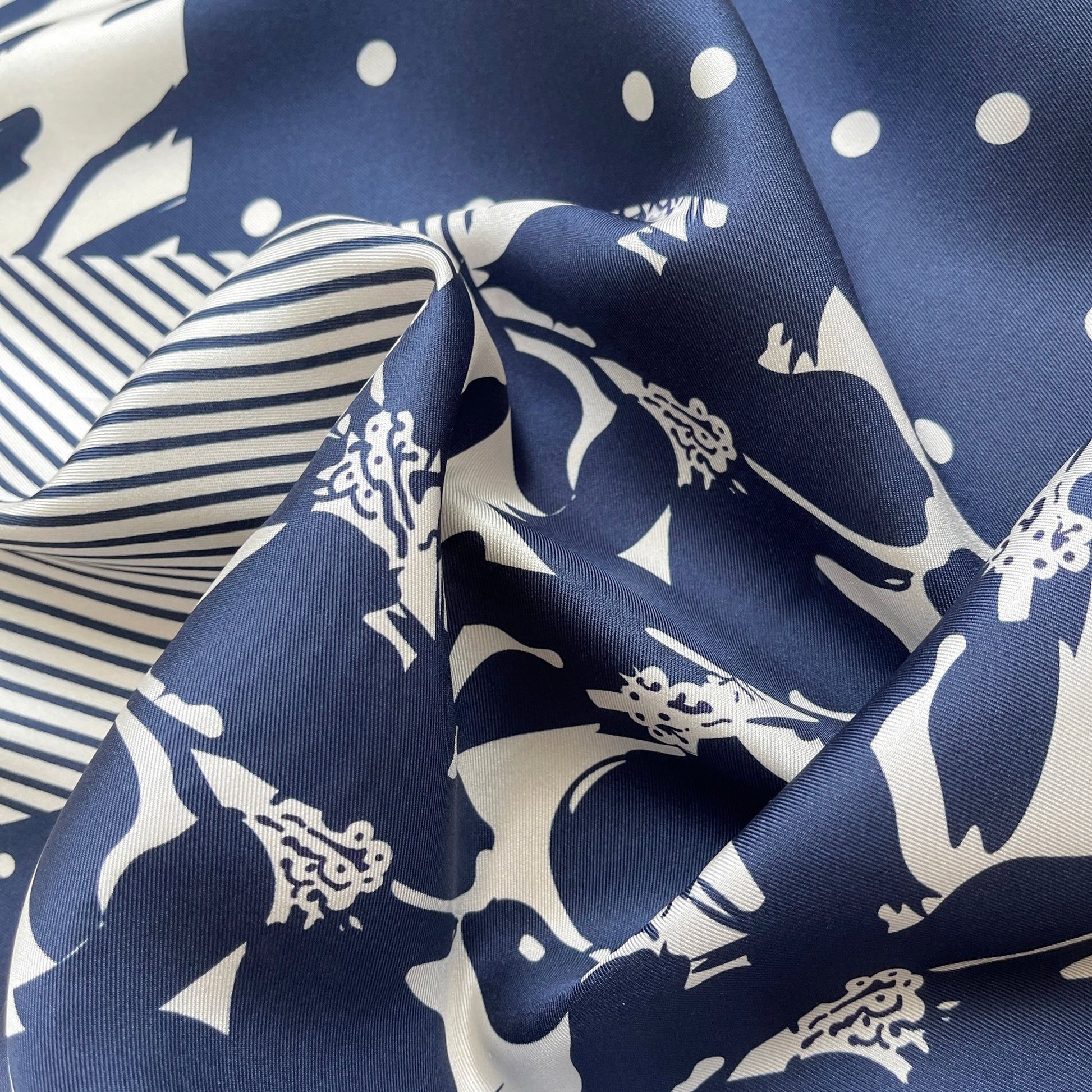 Navy Floral & Dots Silk Scarf Bandana – 65cm for Women