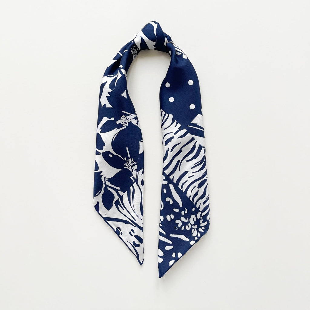 Navy Floral & Dots Silk Scarf Bandana – 65cm for Women