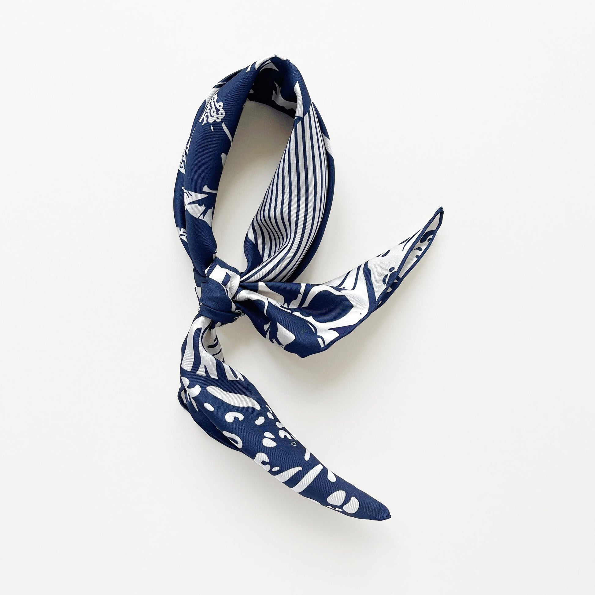 Navy Floral & Dots Silk Scarf Bandana – 65cm for Women