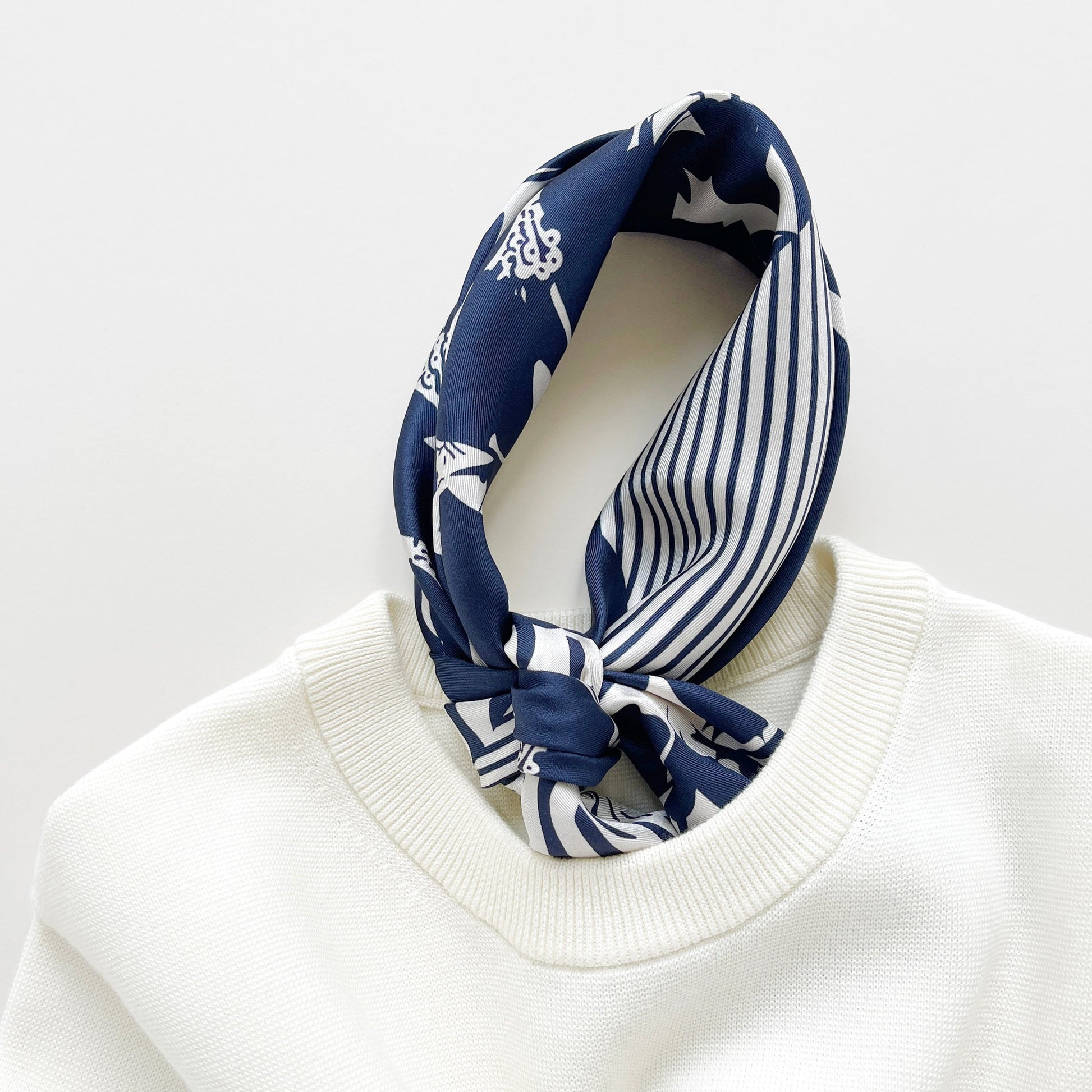 Navy Floral & Dots Silk Scarf Bandana – 65cm for Women