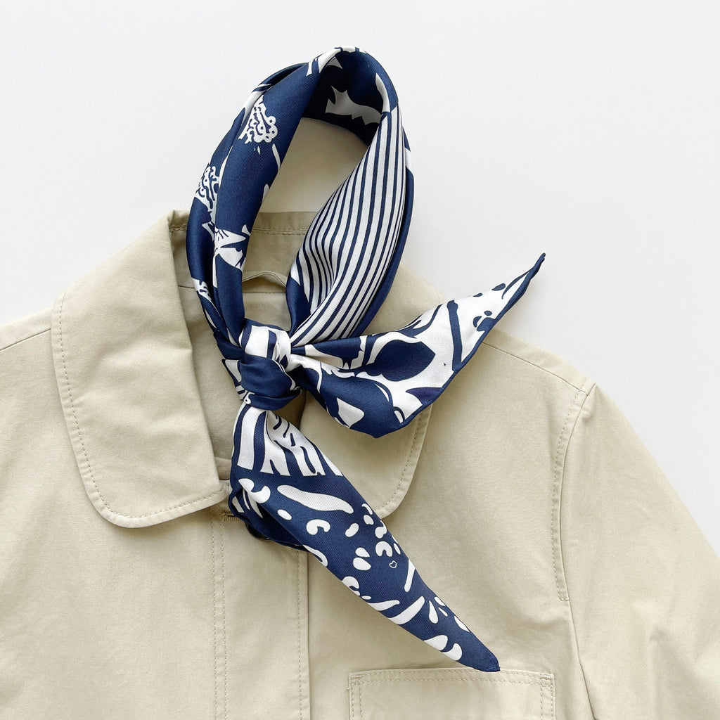 Navy Floral & Dots Silk Scarf Bandana – 65cm for Women
