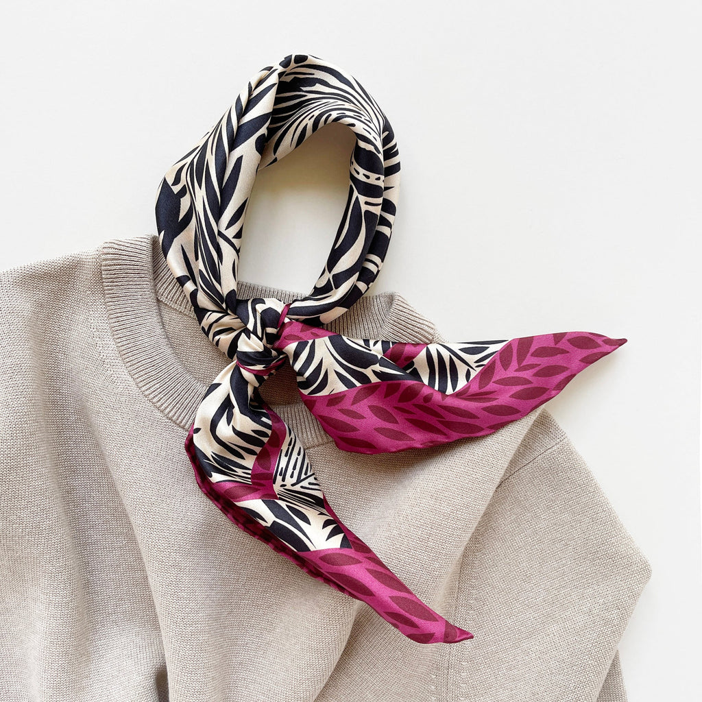 Black Beige Leafy Silk Scarf - 65cm Double-Sided Print Bandana Scarf with Hand-Rolled Edges