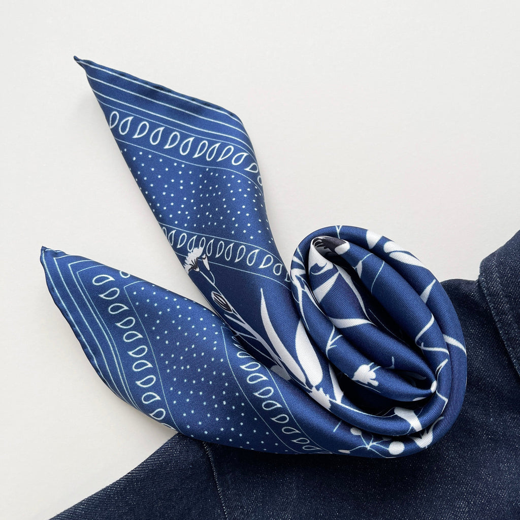 Blue Kyoto Bloom Silk Scarf - 65cm Men's Neckerchief