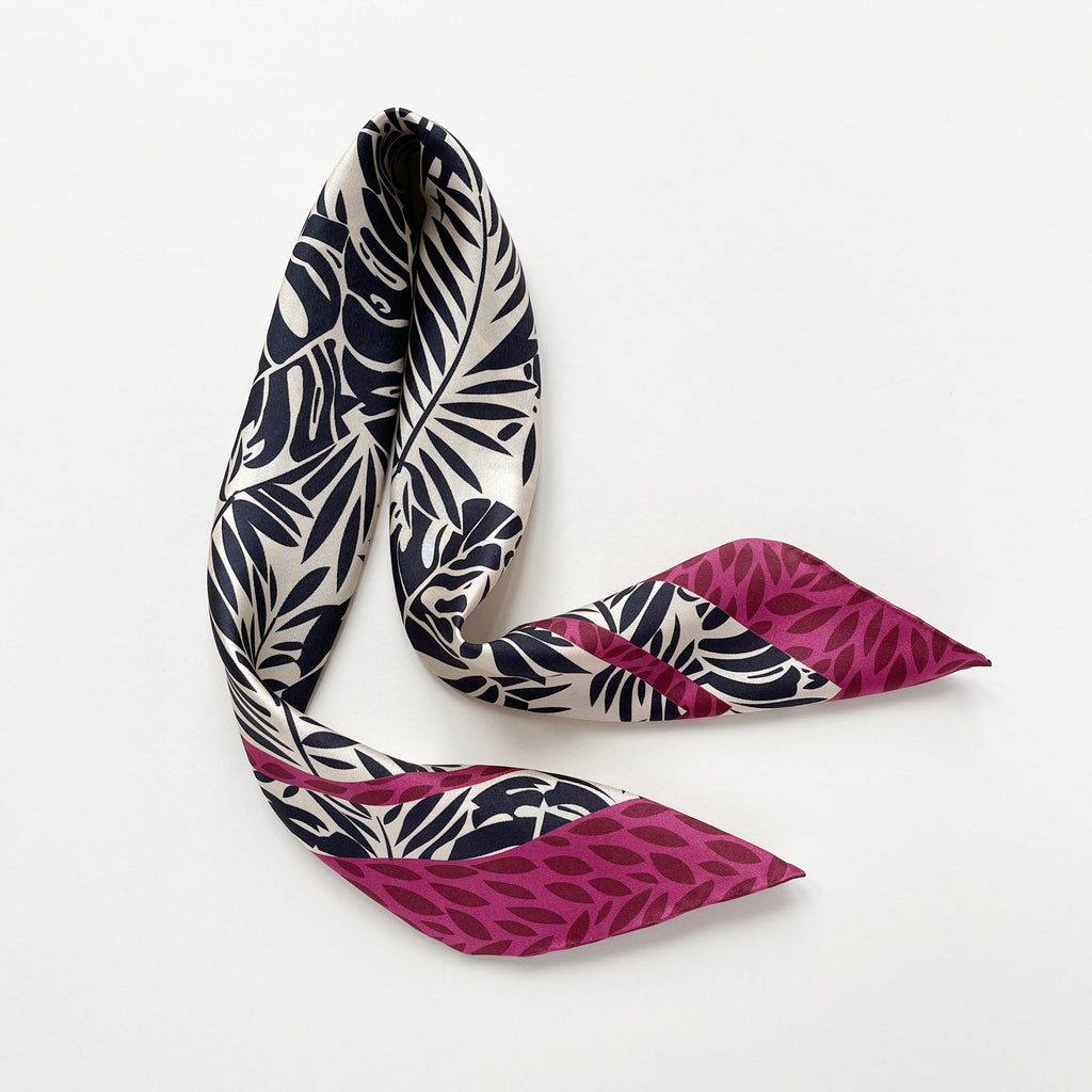 Black Beige Leafy Silk Scarf - 65cm Double-Sided Print Bandana Scarf with Hand-Rolled Edges