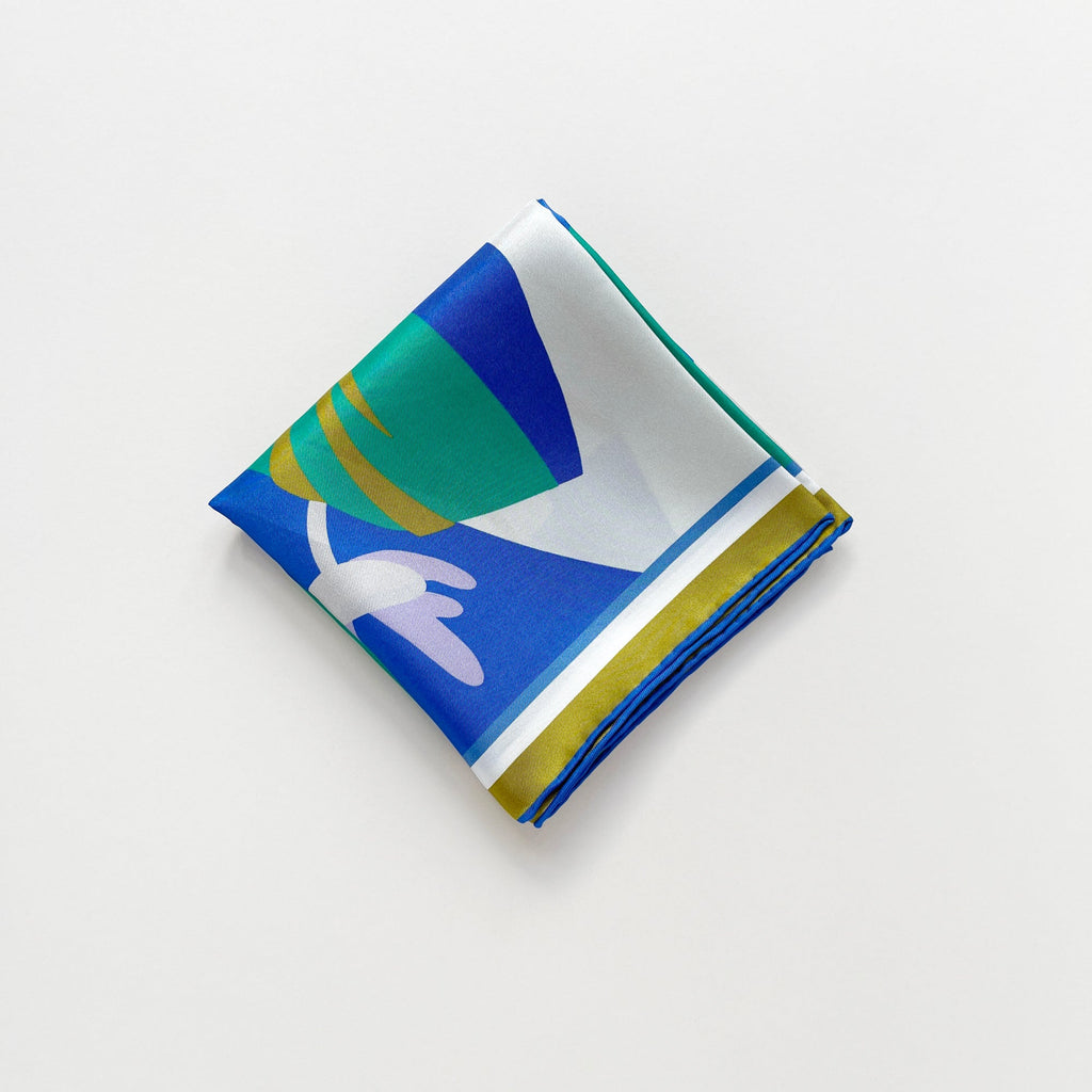 Blue Abstract Lotus Silk Square Scarf - 65cm Double-Sided Print Unisex Bandana Scarf with Hand-rolled Edges