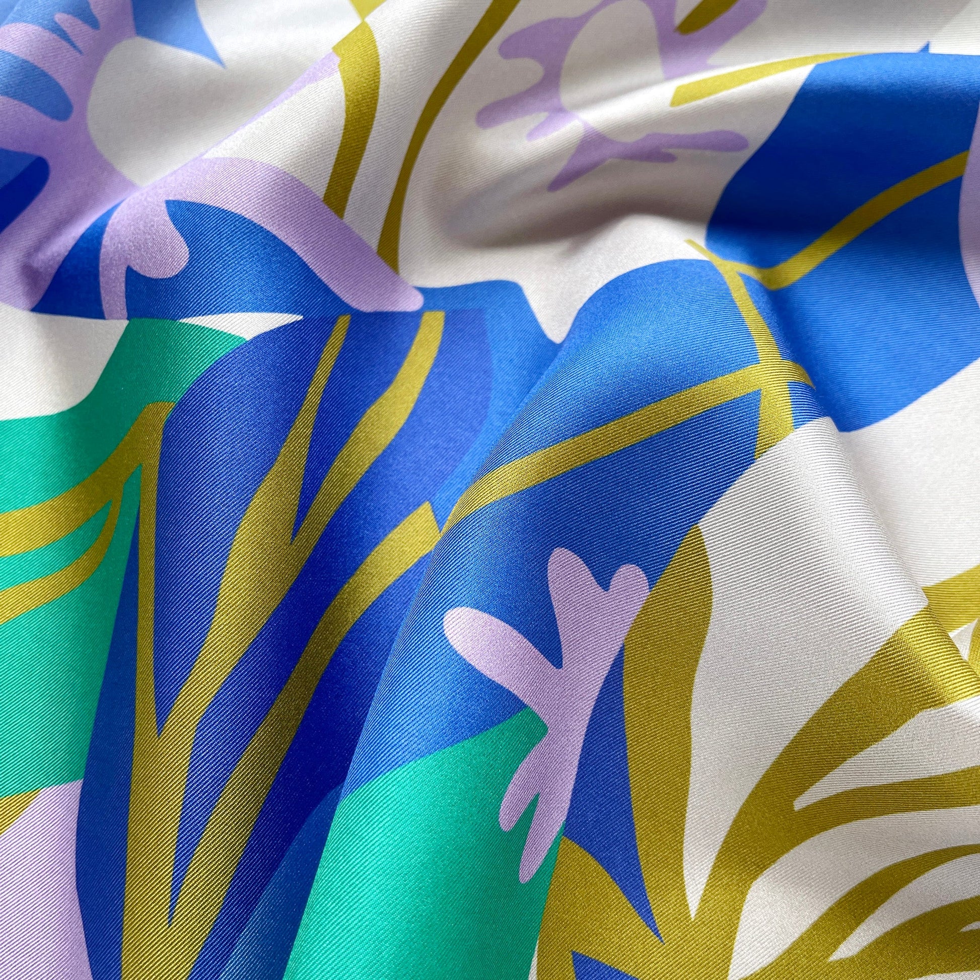 Blue Abstract Lotus Silk Square Scarf - 65cm Double-Sided Print Unisex Bandana Scarf with Hand-rolled Edges