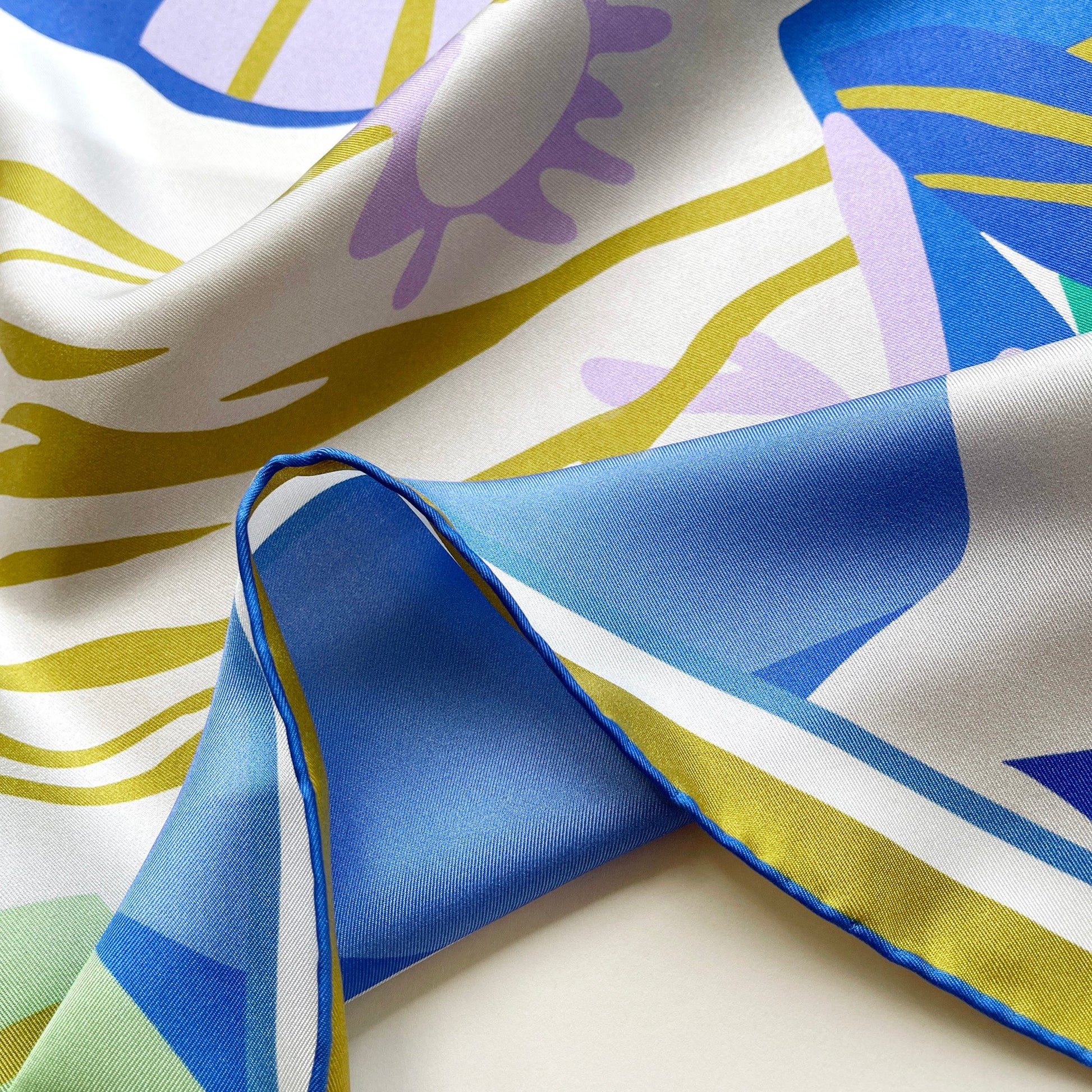 Blue Abstract Lotus Silk Square Scarf - 65cm Double-Sided Print Unisex Bandana Scarf with Hand-rolled Edges
