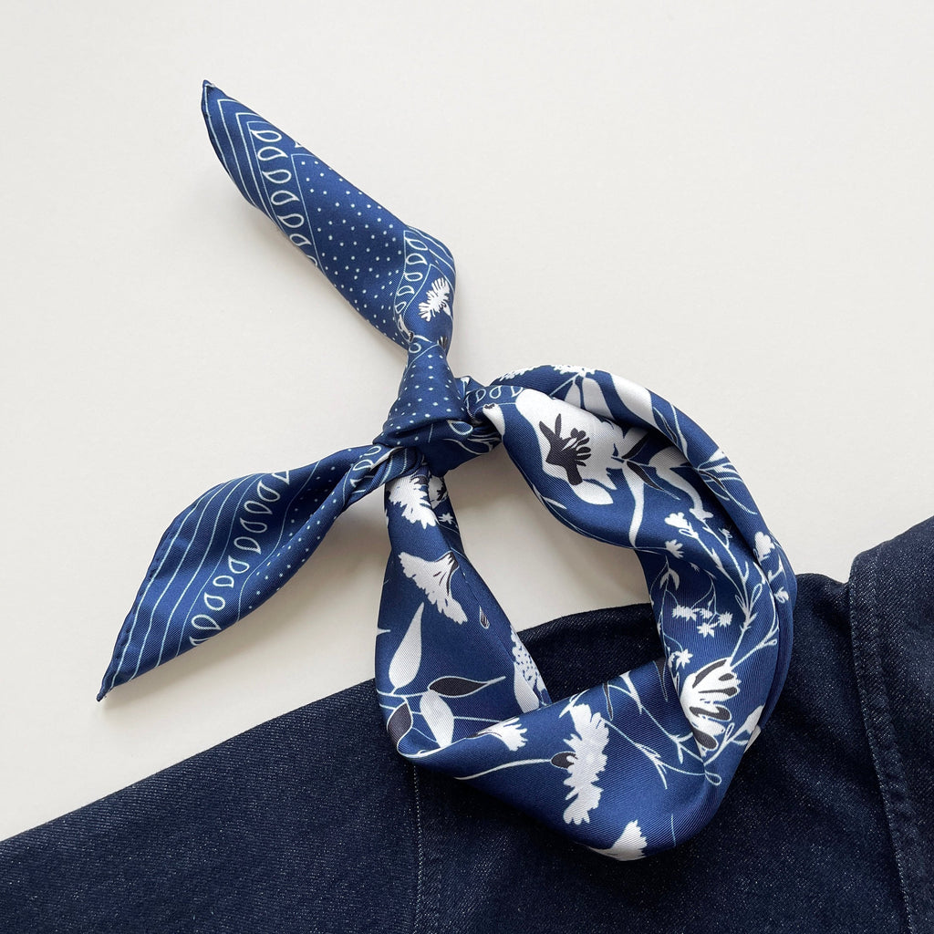 Blue Kyoto Bloom Silk Scarf - 65cm Men's Neckerchief