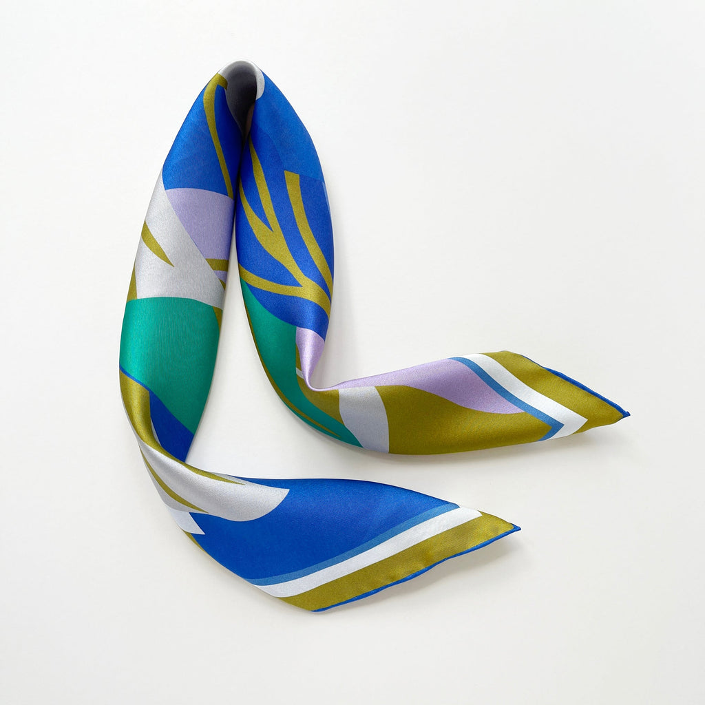 Blue Abstract Lotus Silk Square Scarf - 65cm Double-Sided Print Unisex Bandana Scarf with Hand-rolled Edges