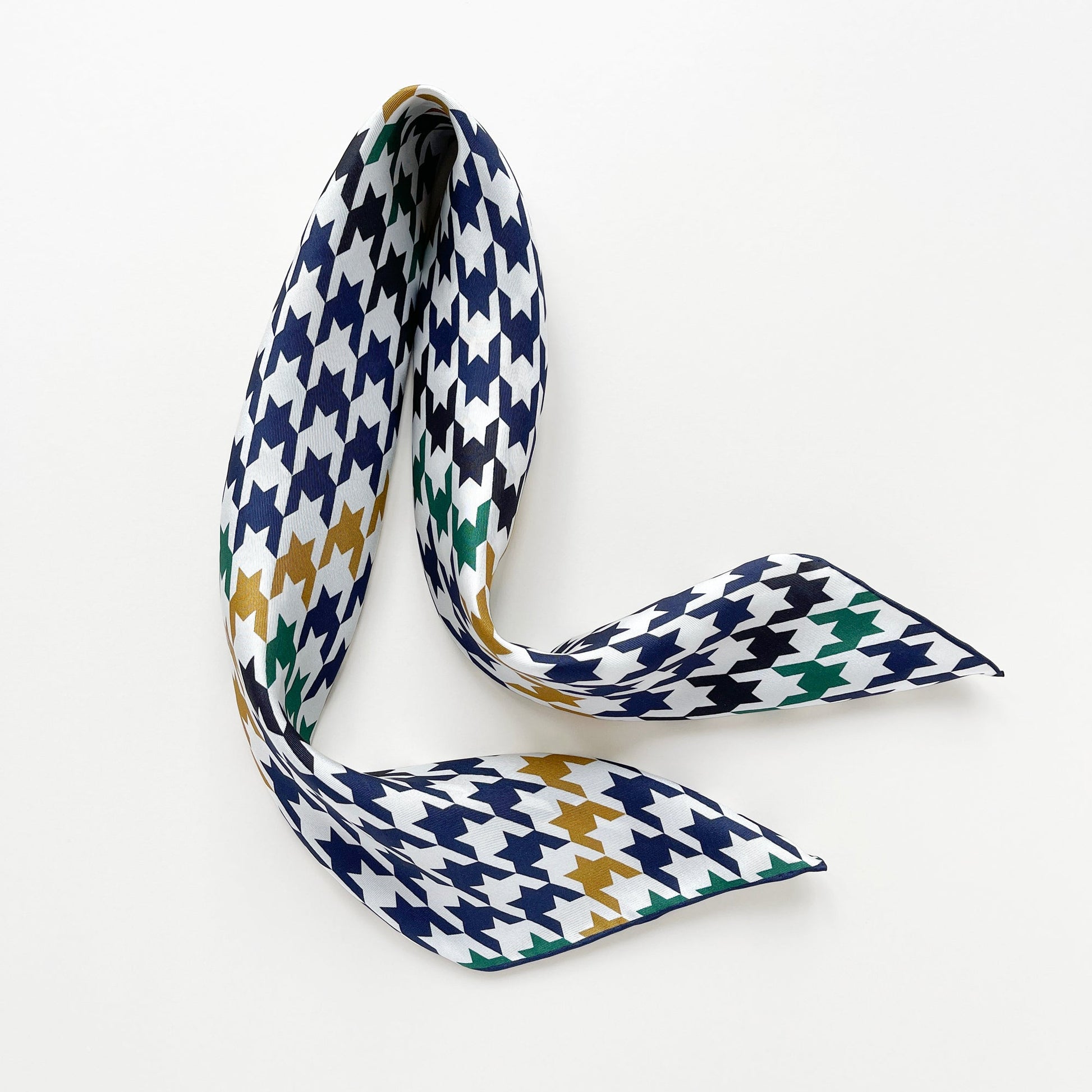 Navy Heritage Houndstooth Silk Scarf – 65cm Double-Sided Print Unisex Square with Hand-Rolled Edges