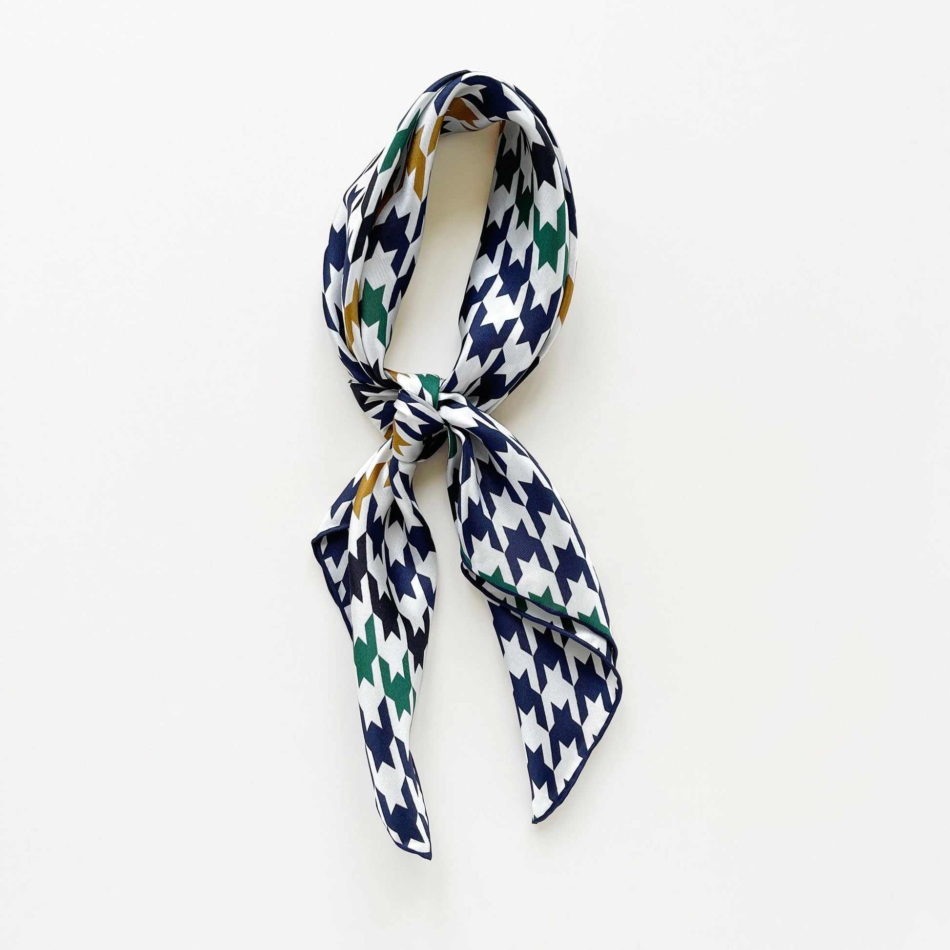 Navy Heritage Houndstooth Silk Scarf – 65cm Double-Sided Print Unisex Square with Hand-Rolled Edges