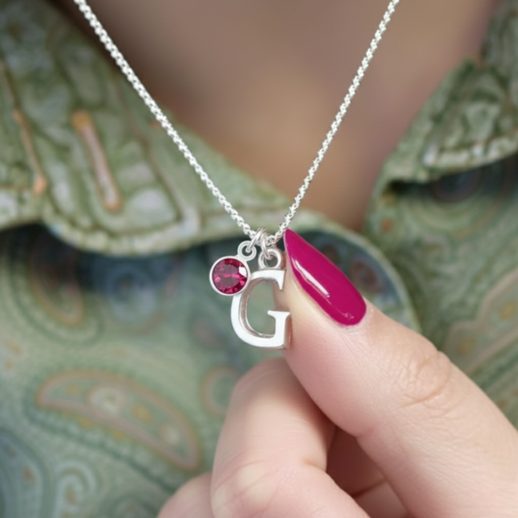 July Birthstone Necklace with Initial Charm Ruby Gift