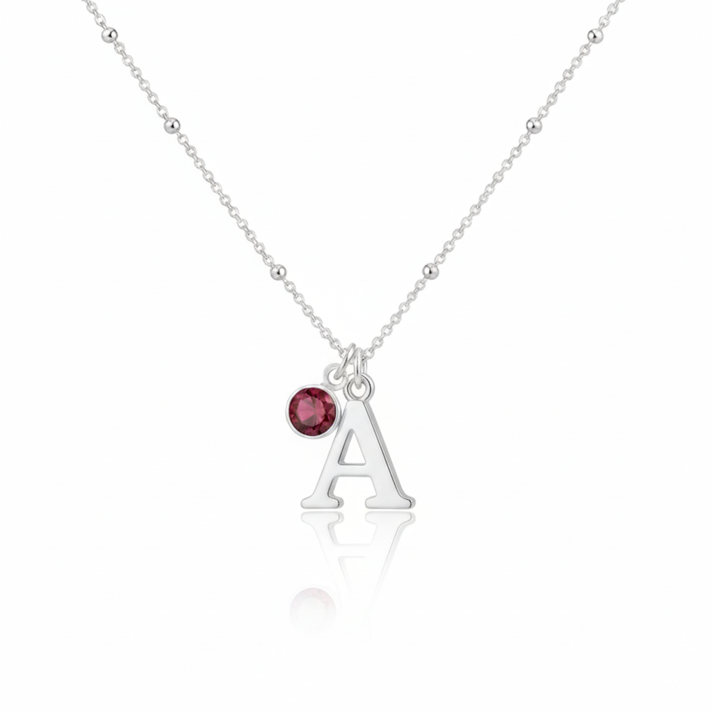 July Birthstone Necklace with Initial Charm Ruby Gift