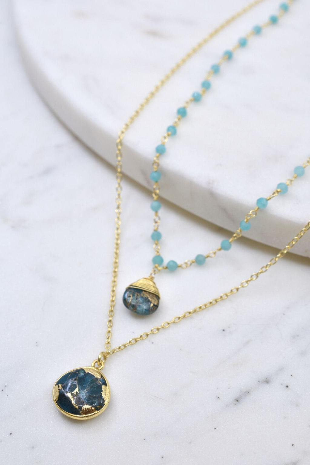Double Strand Turquoise and Amazonite Gold Necklace