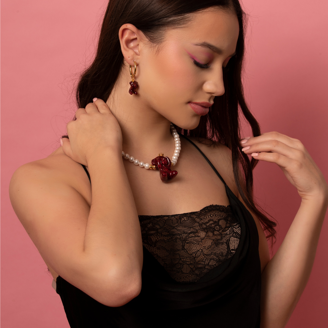 Polyresin Bear Maroon Drop Earrings