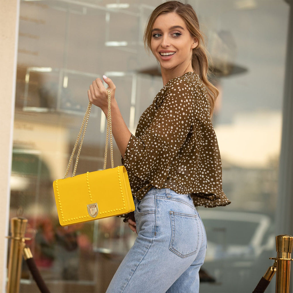 Mustard Yellow Leather Crossbody Purse with Gold Chain Strap