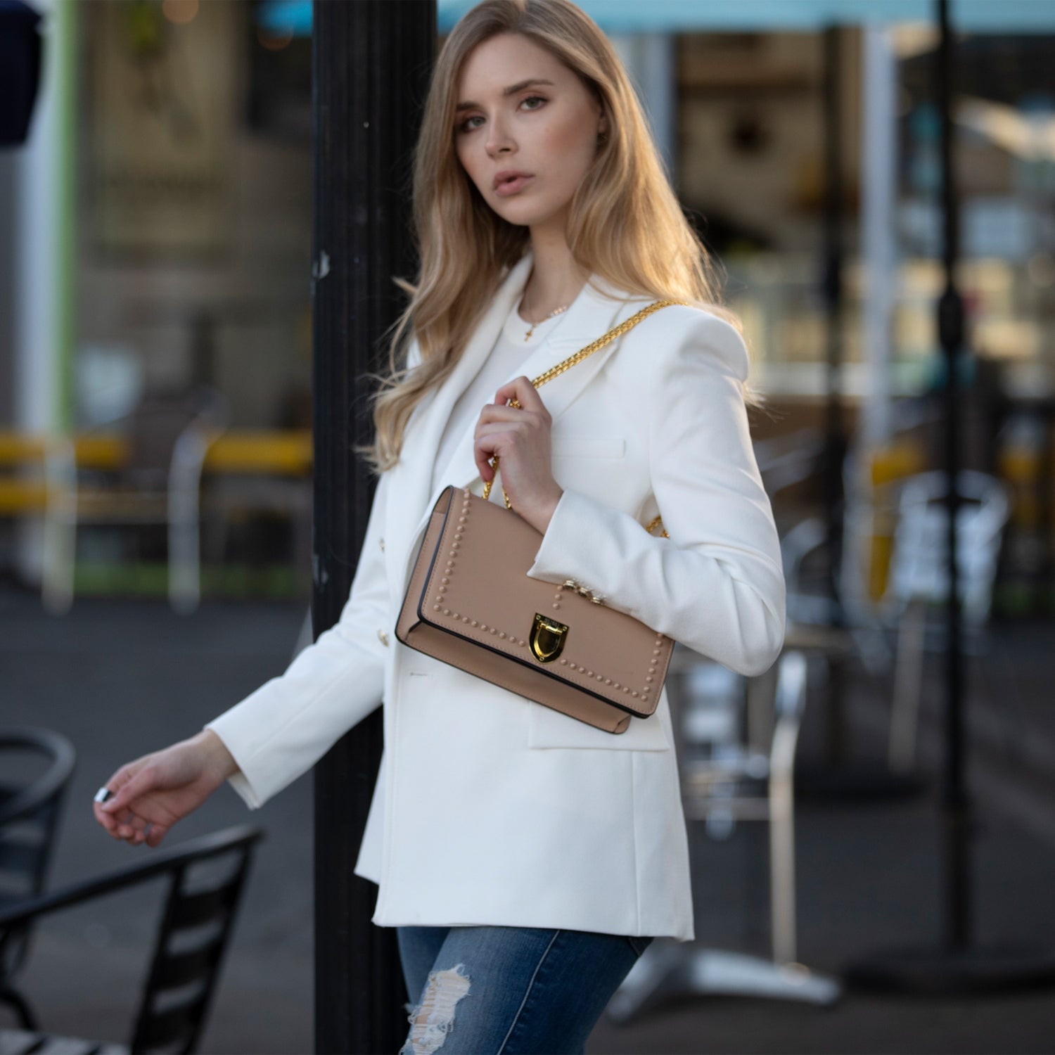 Leather Chain Shoulder Bag in Tan