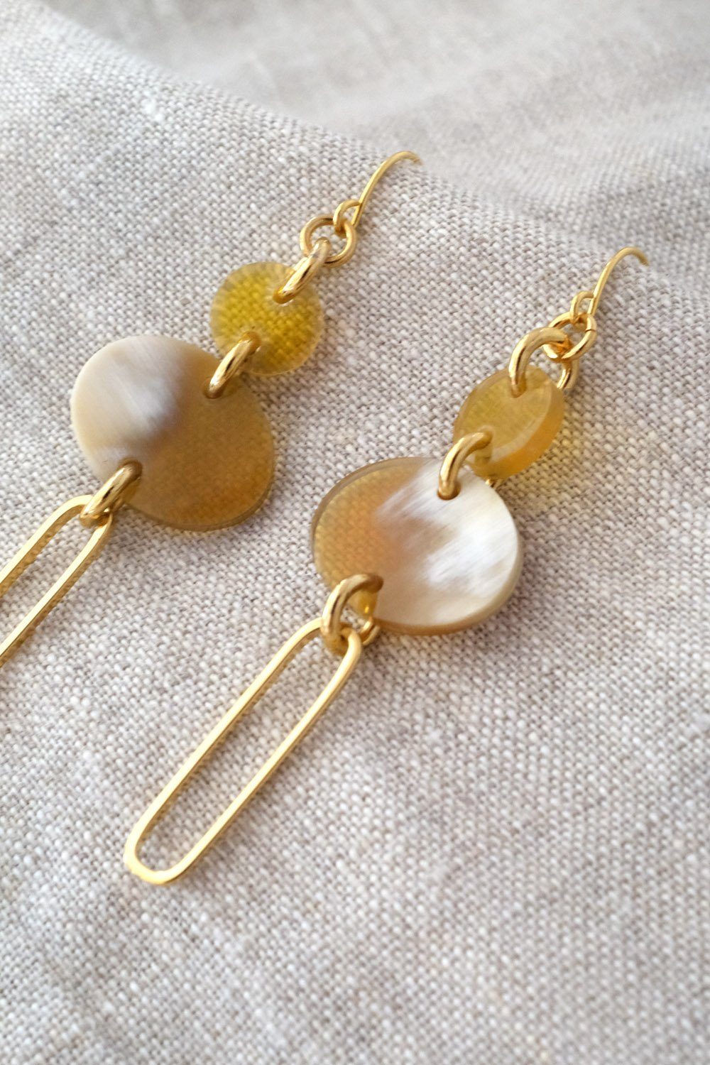Oval Drop Buffalo Horn Dangle Earrings in Gold