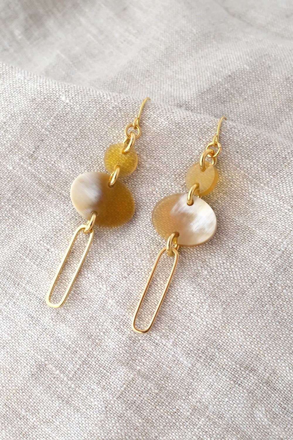Oval Drop Buffalo Horn Dangle Earrings in Gold