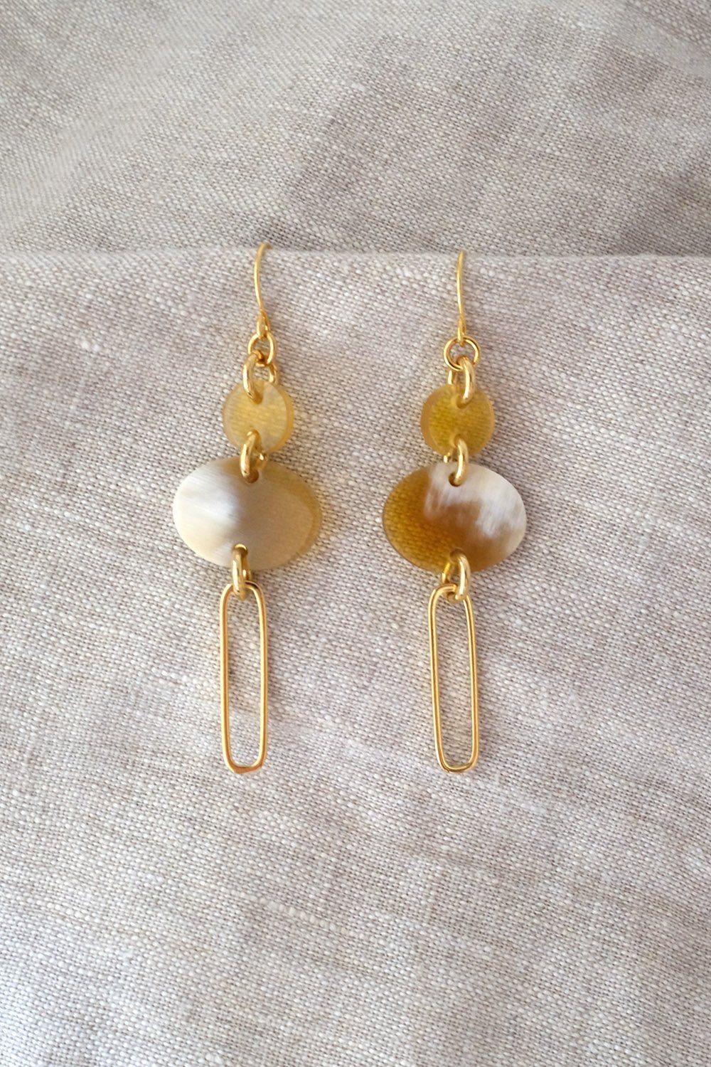 Oval Drop Buffalo Horn Dangle Earrings in Gold