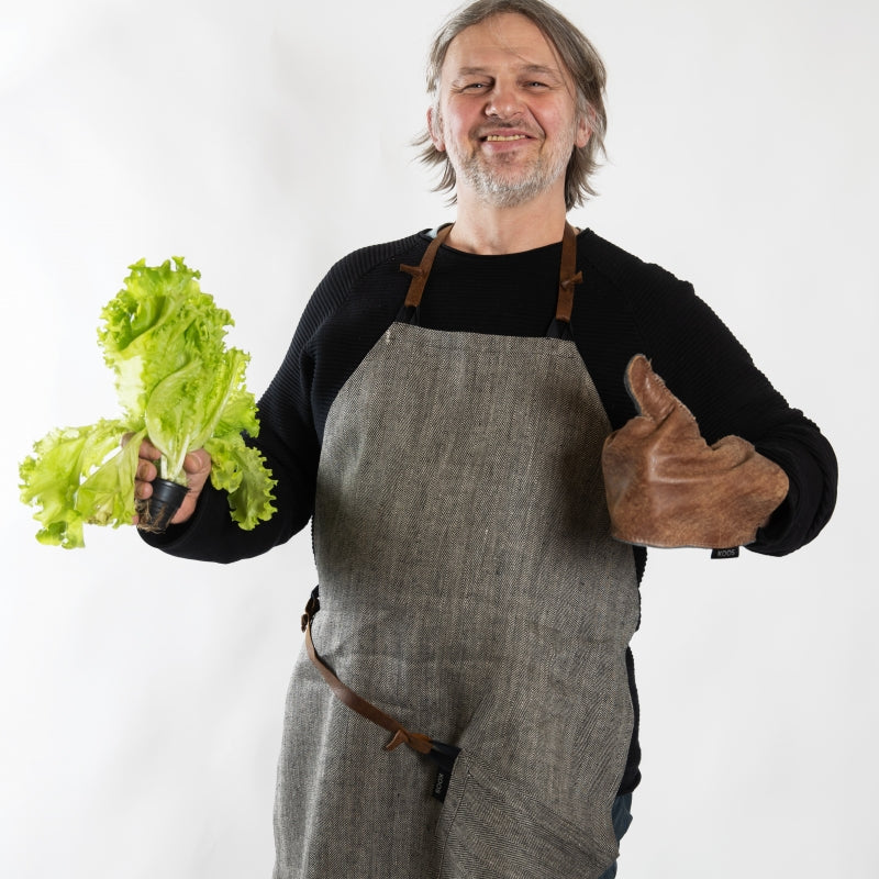 Herringbone Linen Apron with Leather Details – Stylish & Sustainable by KOOSdisain at www.brixbailey.com