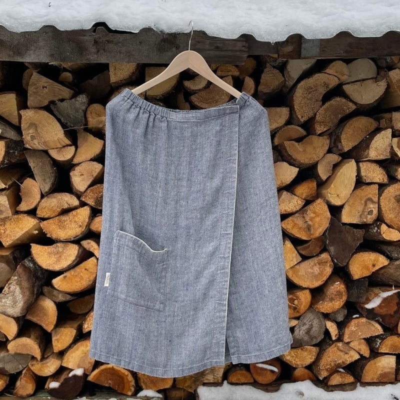 Natural Linen Sauna Skirt – Adjustable & Elegant Fishbone Pattern by KOOSdisain at www.brixbailey.com