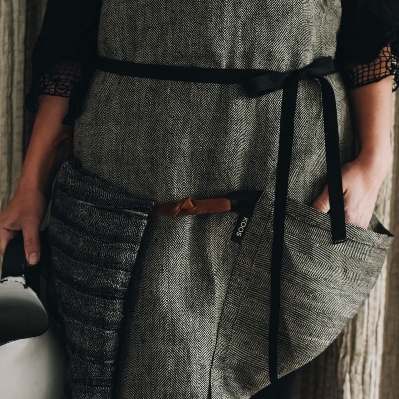 Herringbone Linen Apron with Leather Details – Eco-Friendly Design by KOOSdisain at www.brixbailey.com