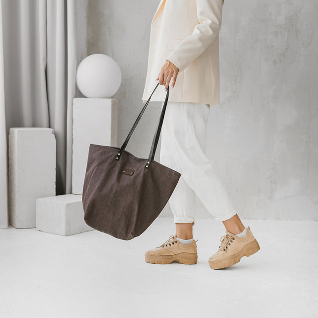 Brown Denim Tote Bag with Leather Handles – Perfect for Summer by Muni at www.brixbailey.com