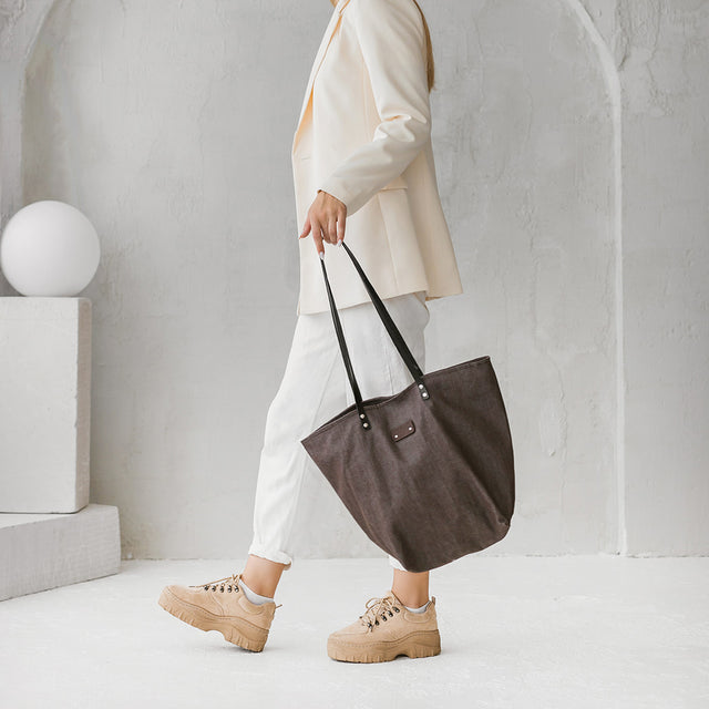 Stylish Brown Denim Tote Bag with Leather Handles – Handmade by Muni at www.brixbailey.com