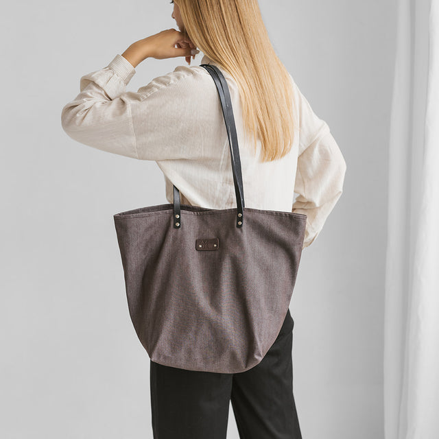 Stylish Brown Denim Tote Bag with Leather Handles – Handmade by Muni at www.brixbailey.com