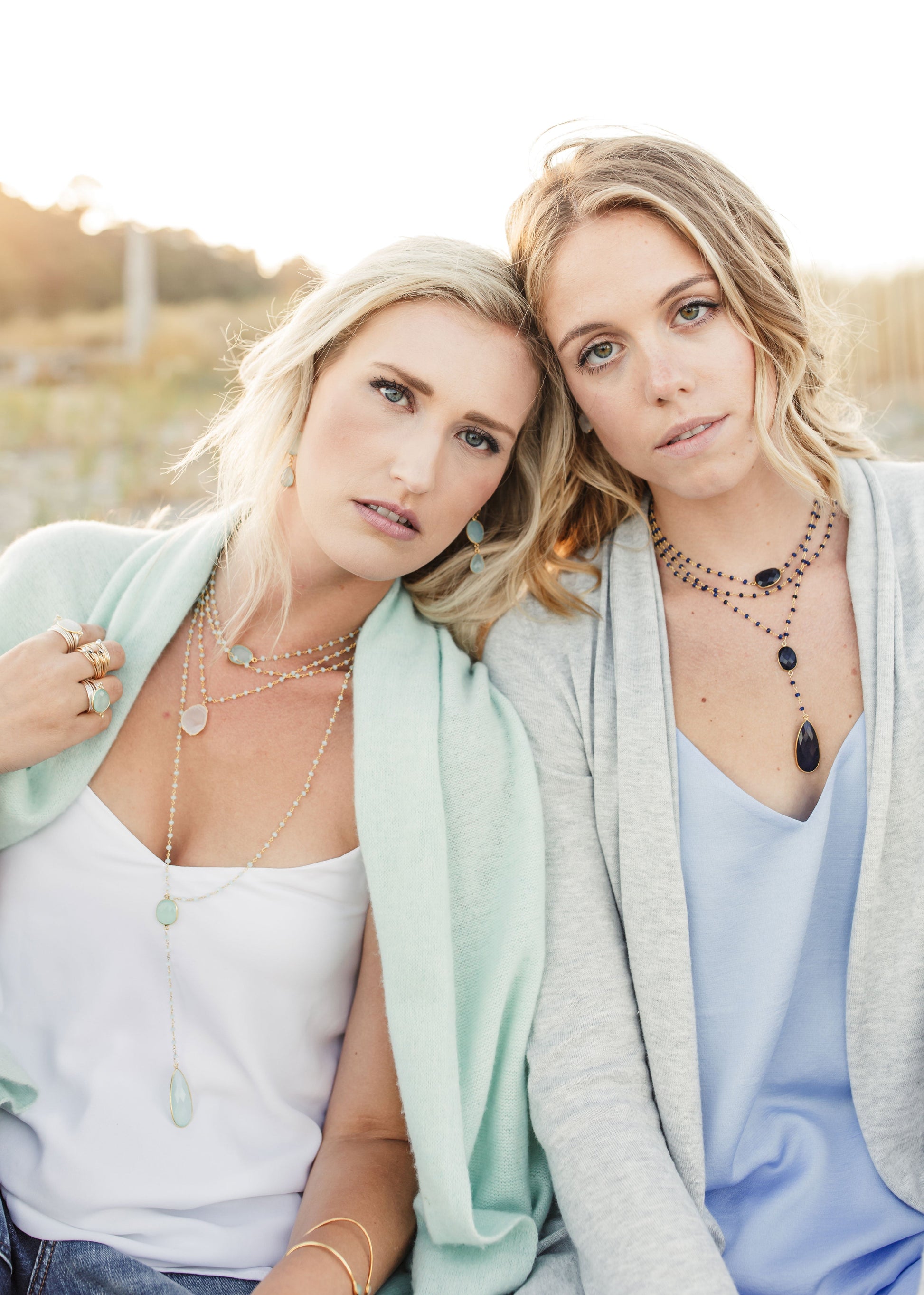 Double Sapphire Beaded Necklace with Teardrop Drop